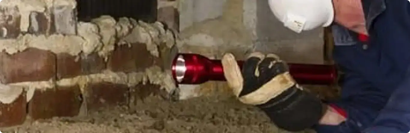 Pest control technician inspecting a crawl space for ant activity in Bloomington, CA